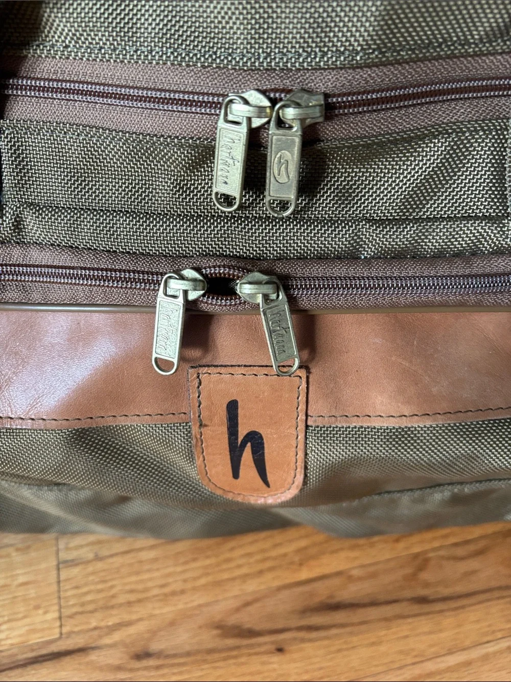 Hartmann Khaki Duffel Bag with Tan Leather Trim and Removable Strap